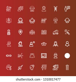 Editable 36 man icons for web and mobile. Set of man included icons line Treadmill, Martial arts, Presentation, Mind, Sai, Employee, Stairs, Delivery man, Painting, Boxing shorts on red