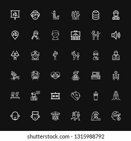 Editable 36 man icons for web and mobile. Set of man included icons line Employee, Skimboard, Couple, Organization, Avatar, Praying, Frappe, Queue, Presentation on black background