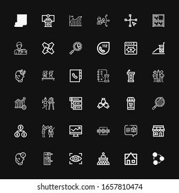 Bearbeitbare 36 Management-Icons für Web und Mobile. Management-Paket umfasst die Symbole Exchange, Immobilien, Konferenz, Vision, Ausbildung, Mind, Markt, Überprüfung auf schwarzem Hintergrund