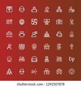 Editable 36 manager icons for web and mobile. Set of manager included icons line Management, Briefcase, Desk, Coordination, Man, Teamwork, Speaker, Worker, Avatar, Receptionist on red