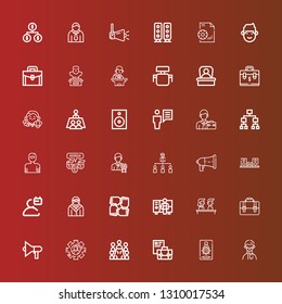 Editable 36 manager icons for web and mobile. Set of manager included icons line Man, Admin, Briefcase, Meeting, User, Speaker, Training, Worker, Teamwork, Avatar, Group on red
