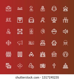 Editable 36 manager icons for web and mobile. Set of manager included icons line Conference, Worker, Add user, Suit, Briefcase, User, Desk, Meeting, Teamwork, Speaker, Team on red