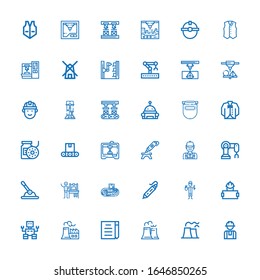 Editable 36 iconos de fabricación para web y móvil. El conjunto de fabricación incluye la línea de iconos Trabajador, Planta nuclear, Borrador, Robot, pluma de impresión, Transmisor en fondo blanco