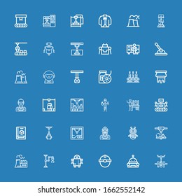 Editable 36 manufacturing icons for web and mobile. Set of manufacturing included icons line Conveyor, Robot, Worker, Industrial robot, Nuclear plant, d printing on blue background