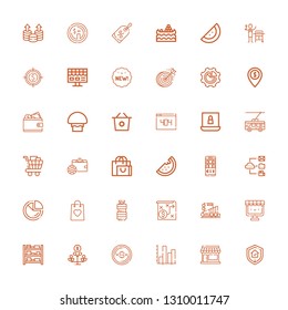 Editable 36 market icons for web and mobile. Set of market included icons line Guarantee, Store, Stats, Dollar, Growth, Shelves, Ecommerce, Mall, Strategy on white background