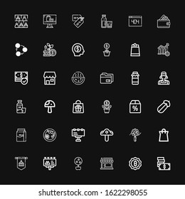 Editable 36 market icons for web and mobile. Set of market included icons line Money, Bitcoin, Store, Money tree, Billboard, Standard, Shopping bag, Stats on black background