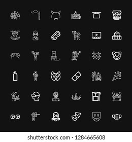Editable 36 mask icons for web and mobile. Set of mask included icons line Mask, Theater, Gas mask, Paintball, Vr, Samurai, Well, Wrestler, Vr glasses, Spa on black background
