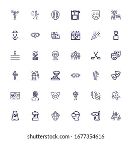 Editable 36 mask icons for web and mobile. Set of mask included icons line Paintball, Dive, Vr glasses, Gas mask, Well, Superhero, Voodoo, Confetti, Bandit on white background