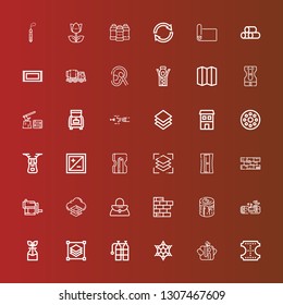 Editable 36 material icons for web and mobile. Set of material included icons line Leather, Trunk, Graphene, Oxigen, Layers, Reuse, Wood, Log, Brick wall, Handbag, Sharpener on red