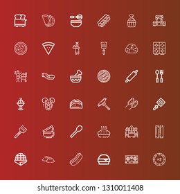 Editable 36 meal icons for web and mobile. Set of meal included icons line Chip, Stove, Hamburger, Hot dog, Dumpling, Stroopwafel, Sausage, Romantic dinner, Pie, Spoon on red