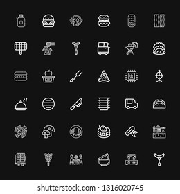 Editable 36 meal icons for web and mobile. Set of meal included icons line Sausage, Waffle iron, Bowls, Lunch, Whisk, Tofu, Fryer, Knife, Pancake, Peking duck on black background