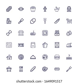 Editable 36 meal icons for web and mobile. Set of meal included icons line Fork, Hotdog, Pizza, Sausage, Cutlery, Grill, Sandwich, Burger, Prawn, Dinner, Roast on white background