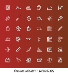 Editable 36 measure icons for web and mobile. Set of measure included icons line Scale, Balance, Sewing, Justice, Pliers, Gym, Projection, Blueprint, Architecture, Watch on red