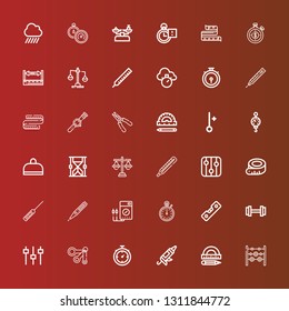 Editable 36 measure icons for web and mobile. Set of measure included icons line Weights, Protractor, Caulk gun, Stopwatch, Measuring spoons, Levels, Weight, Level, Voltmeter on red