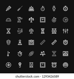 Editable 36 measurement icons for web and mobile. Set of measurement included icons line Thermometer, Alarma clock, Clock, Hourglass, Scale, Speed, Time, Vane on black background