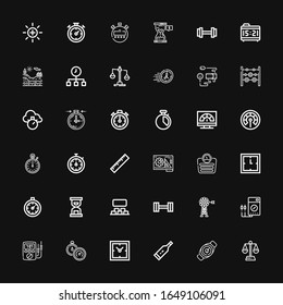 36 iconos de medida editables para web y móvil. Conjunto de medidas incluido iconos de balance de línea, Watch, termómetro, Reloj, Reloj, Amímetro, Voltímetro sobre fondo negro