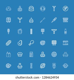 Editable 36 meat icons for web and mobile. Set of meat included icons line Dish, Ketchup, Grill, Snack, Apron, Pizza, Pie, Food, Canned food, Chicken leg, Meat on blue background