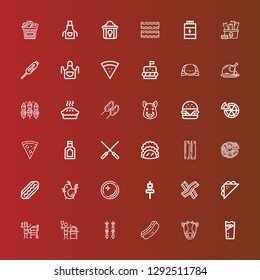 Editable 36 meat icons for web and mobile. Set of meat included icons line Kebab, Cow, Hot dog, Brochette, Pizza, Grill, Sandwich, Bacon, Skewer, Dish, Chicken, Sausage on red