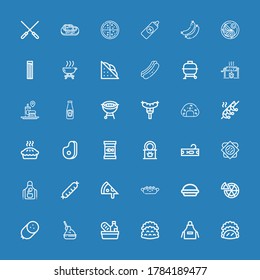Editable 36 meat icons for web and mobile. Set of meat included icons line Taco, Apron, Tacos, Food, Yeast, Sausage, Pizza, Pie, Hot dog, Sandwich, Tuna, Tinned food on blue background