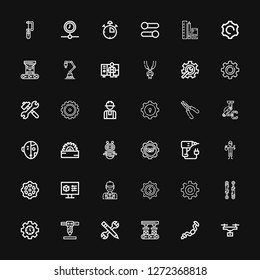 Editable 36 mechanical icons for web and mobile. Set of mechanical included icons line Drone, Ratchet, Robot arm, Configuration, Settings, Piston, Setting on black background