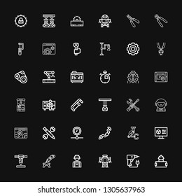 Editable 36 mechanical icons for web and mobile. Set of mechanical included icons line Worker, Drill, Robot, d printing pen, Robot arm, Settings, Ratchet, Processing on black background