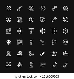 Editable 36 mechanical icons for web and mobile. Set of mechanical included icons line Saw, Ratchet, Configuration, Metronome, Setting, Drone, Robot, Suspension on black background