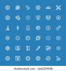 Editable 36 mechanism icons for web and mobile. Set of mechanism included icons line Setting, Cogwheel, Gear, Settings, d printing pen, Setup, Steelyard, Gearshift on blue background