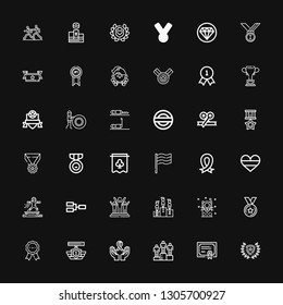 Editable 36 medal icons for web and mobile. Set of medal included icons line Winner, Merit, Winning, Ribbon, Medal, Medals, Seal, Competition, Success, Sport on black background