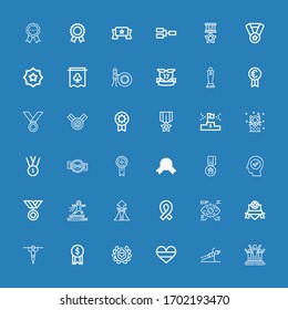 Editable 36 medal icons for web and mobile. Set of medal included icons line Success, Fitness, Germany, Laurel, Award, Badge, Eye tap, Ribbon, Sport, Medal on blue background