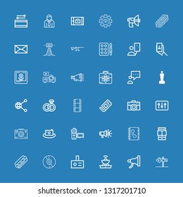 Editable 36 media icons for web and mobile. Set of media included icons line Post, Megaphone, Antenna, Projector, Cd, Hot dog, Ereader, Phone book, Camera, Picture on blue background