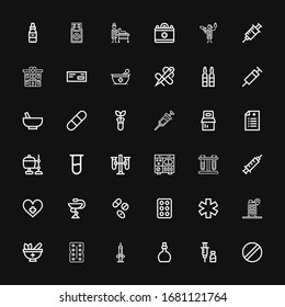 Editable 36 medication icons for web and mobile. Set of medication included icons line Pill, Vaccine, Potion, Syringe, Antibiotic, Mortar, Hospital, Medicine on black background