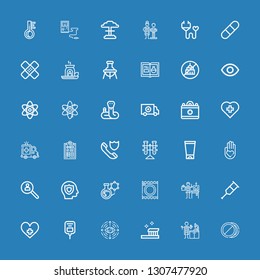 Editable 36 medicine icons for web and mobile. Set of medicine included icons line Pills, Lab technician, Toothbrush, Eye, Saline, Hospital, Crutch, Scientist on blue background