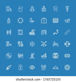 Editable 36 íconos de medicina para web y móvil. El conjunto de medicamentos incluye íconos de la línea Farmacia, donación de sangre, Ojos, Proteínas, Jeringas, Medicamentos, Abrigo, Mortero, Hospital sobre fondo azul