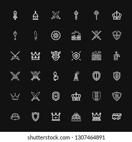 Editable 36 medieval icons for web and mobile. Set of medieval included icons line Cannon, Crown, Thatbyinnyu temple, Shield, Swords, Tower, Torch, Mythology on black background