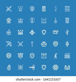 Editable 36 medieval icons for web and mobile. Set of medieval included icons line Castle, Pagan, Shield, Crossbow, Quiver, Pula arena, Tower, Crown, Viking on blue background