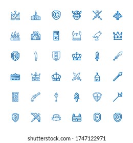 Editable 36 medieval icons for web and mobile. Set of medieval included icons line Shield, Castle, Crossbow, Sword, Torch, Musket, Guillotine, Spear, Tower on white background