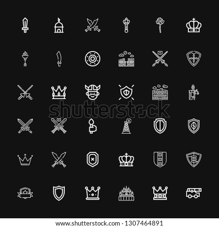 Editable 36 medieval icons for web and mobile. Set of medieval included icons line Cannon, Crown, Thatbyinnyu temple, Shield, Swords, Tower, Torch, Mythology on black background