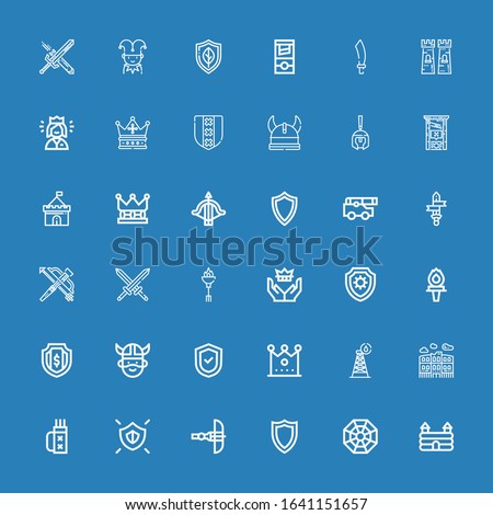 Editable 36 medieval icons for web and mobile. Set of medieval included icons line Castle, Pagan, Shield, Crossbow, Quiver, Pula arena, Tower, Crown, Viking on blue background