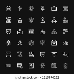 Editable 36 meeting icons for web and mobile. Set of meeting included icons line Visitor, Calendar, Hands, Table, Projector, Presentation, Boss, Hand, User on black background