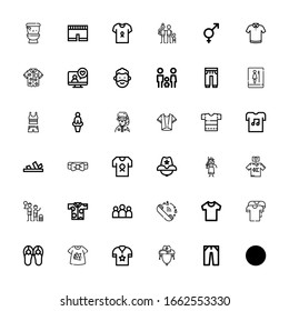 Editable 36 men icons for web and mobile. Set of men included icons line Shirt, Jeans, Cowboy hat, Tshirt, Sandals, Queue, Group, Family, Cowgirl, Bow tie on white background