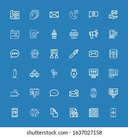 Editable 36 message icons for web and mobile. Set of message included icons line Smartphone, Sheet, Document, Copy, Cell, Billboard, Smartwatch, Email, Chat on blue background