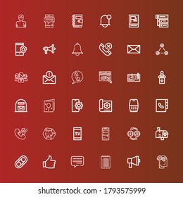 Editable 36 message icons for web and mobile. Set of message included icons line Thinking, Megaphone, Note, Chat, Thumb up, Hugh, Mailbox, Conversion, Smartphone, Cell on red