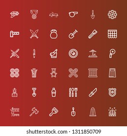 Editable 36 metal icons for web and mobile. Set of metal included icons line Ingots, Grater, Shovel, Bottle opener, Axes, Changing room, Police badge, Knife, Cutlery, Shaker on red