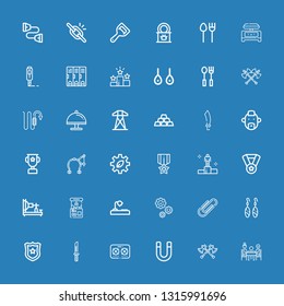 Editable 36 Metal Icons For Web And Mobile. Set Of Metal Included Icons Line Dinner, Axes, Magnet, Stove, Knife, Police Badge, Earrings, Paper Clip, Gear, Desk Lamp On Blue Background