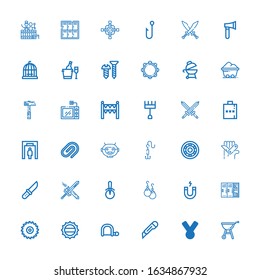 Editable 36 metal icons for web and mobile. Set of metal included icons line Grill, Medal, Cutter, Hacksaw, Bottle cap, Saw, Lockers, Magnet, Earrings, Pizza cutter on white background