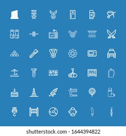 Editable 36 metal icons for web and mobile. Set of metal included icons line Knife, Sabre, Punk, Wheel, Gate, Crane, Thermo, Electrode, Changing room, Caulk gun on blue background