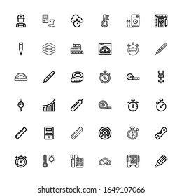 Editable 36 meter icons for web and mobile. Set of meter included icons line Thermometer, Multimeter, Gauge, Voice recorder, Chronometer, Level, Stopwatch on white background
