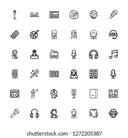 Editable 36 microphone icons for web and mobile. Set of microphone included icons line Heisenberg, Headset, Call center, Headphones, Microphone, Speakers, Cajon on white background