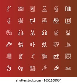Editable 36 microphone icons for web and mobile. Set of microphone included icons line Speaker, Karaoke, Microphone, Newspaper, Operator, Music, Radio, Voice recorder, Metronome on red