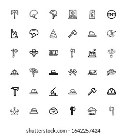 Editable 36 miner icons for web and mobile. Set of miner included icons line Axe, Coal, Hat, Helmet, Axes, Rock, Mine, Rocks, Tnt on white background